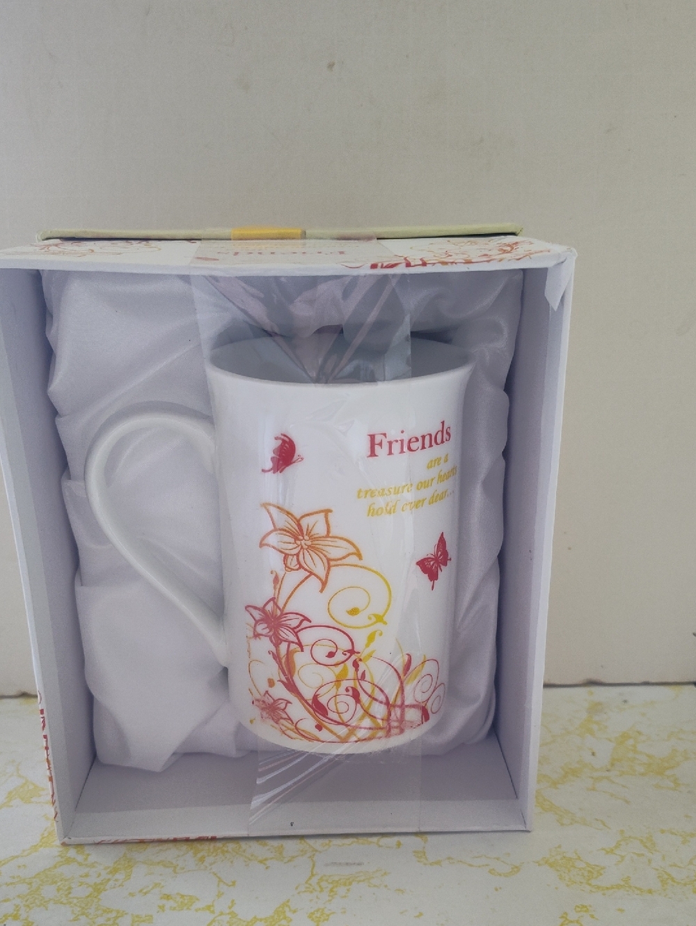 Friends Floral Ceramic Mug - White with Pink & Yellow Accent